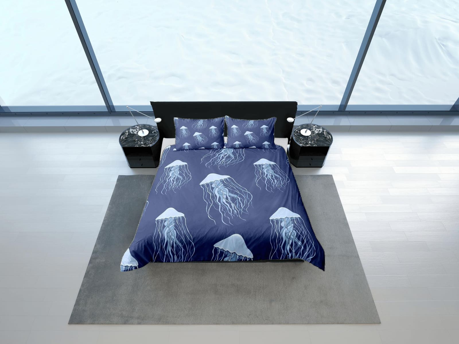 Jellyfish bedding denim blue duvet cover, ocean blush sea animal bedding set full king queen twin crib toddler, college do…
