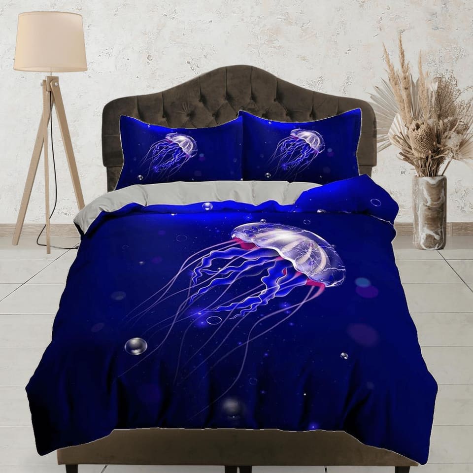 Jellyfish bedding indigo duvet cover, ocean blush sea animal bedding set full king queen twin crib toddler, college dorm b…
