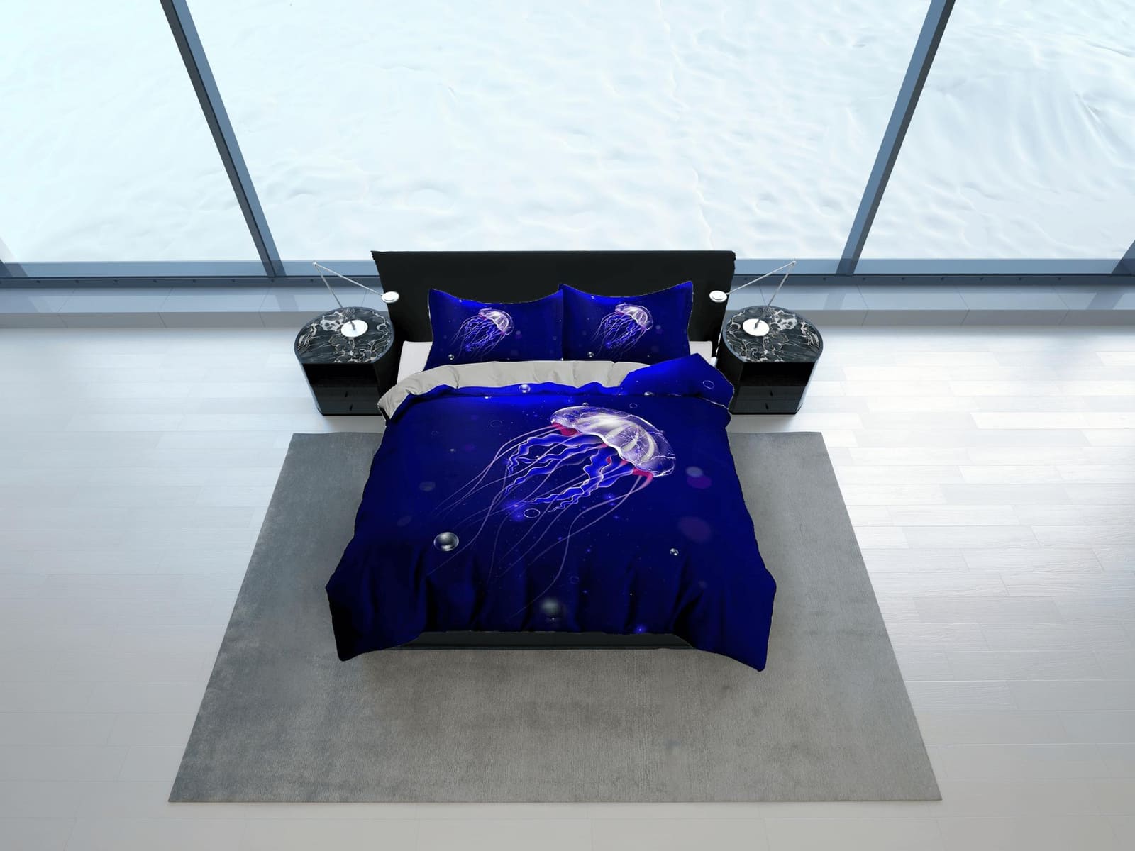 Jellyfish bedding indigo duvet cover, ocean blush sea animal bedding set full king queen twin crib toddler, college dorm b…