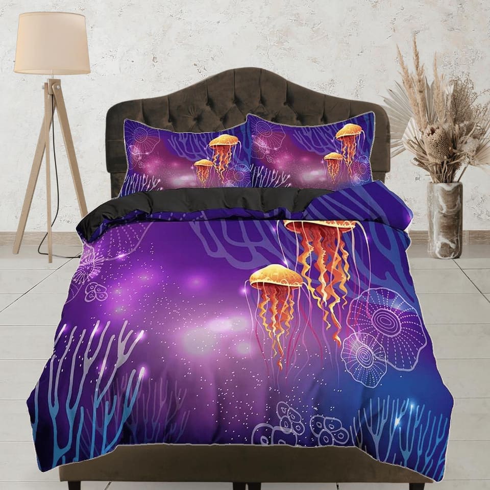 Jellyfish corals bedding purple duvet cover, ocean blush sea animal bedding set full king queen twin crib toddler, college…