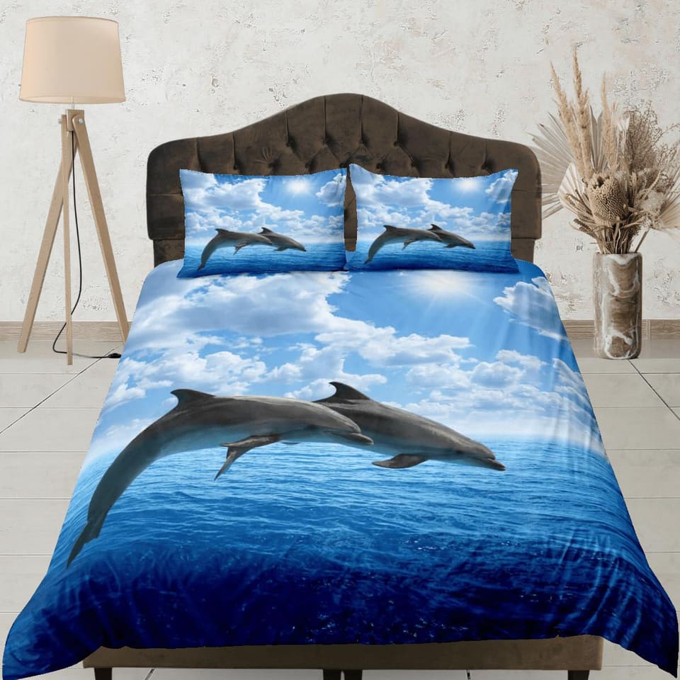 Jumping dolphins bedding blue duvet cover, ocean blush decor bottle nose dolphin bedding set full king queen twin, college…