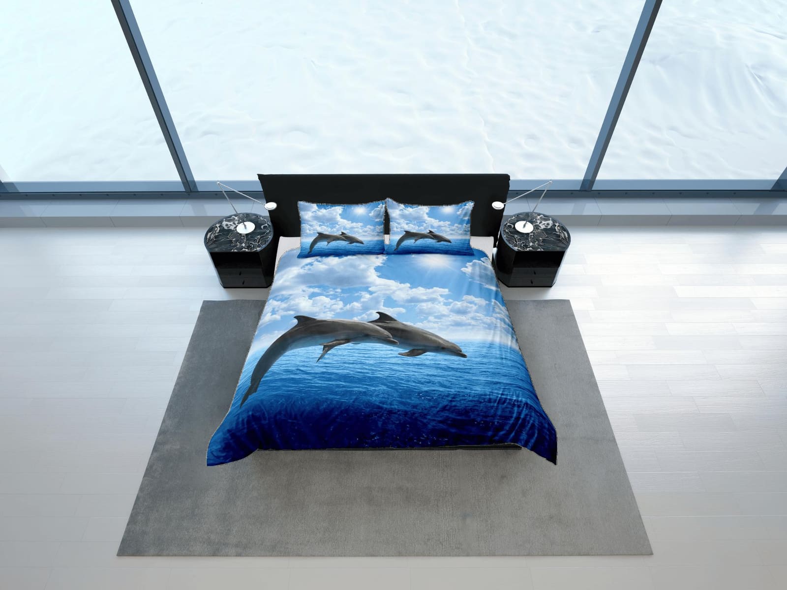 Jumping dolphins bedding blue duvet cover, ocean blush decor bottle nose dolphin bedding set full king queen twin, college…