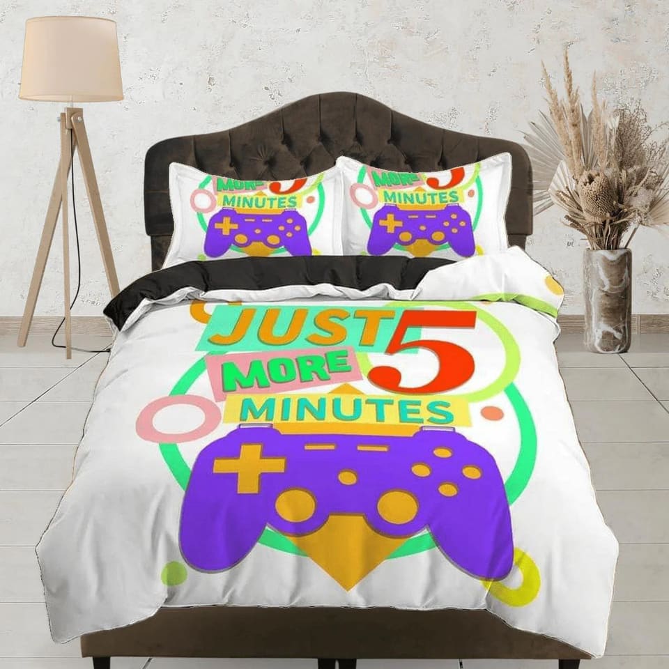 Just 5 more minutes funny gamer bedding duvet cover, video gamer boyfriend gift bedding set full king queen twin, boys bed…