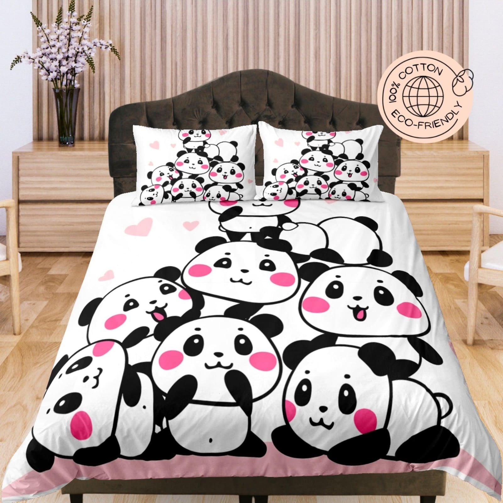 Kawaii Baby Pandas Cute White Cotton Duvet Cover Set for Kids, Toddler Bedding, Baby Zipper Bedding, Nursery Cotton Beddin…