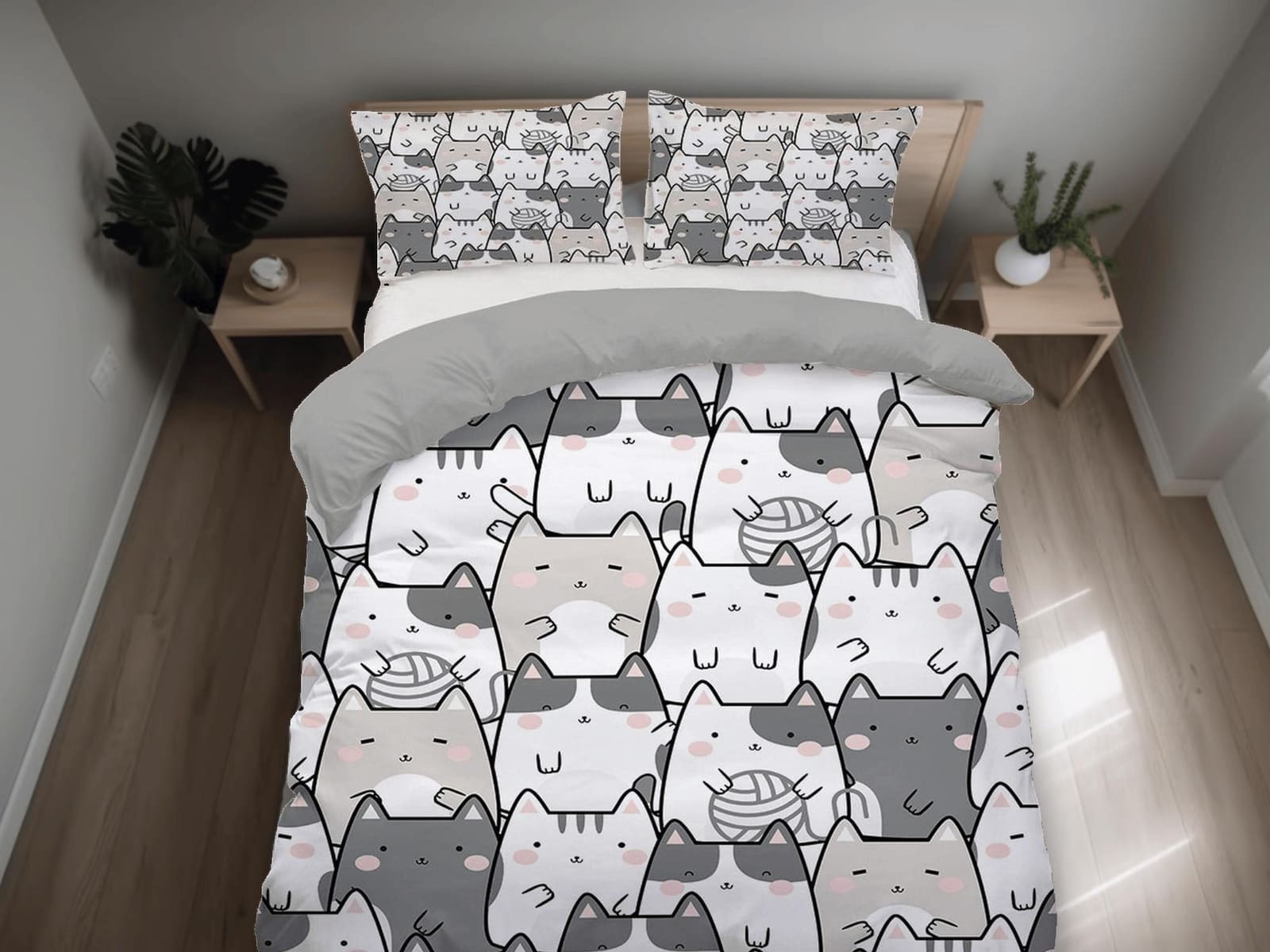 Kawaii cat bedding grey, toddler bedding, kids duvet cover set, gift for cat lovers, baby bedding, baby shower gift