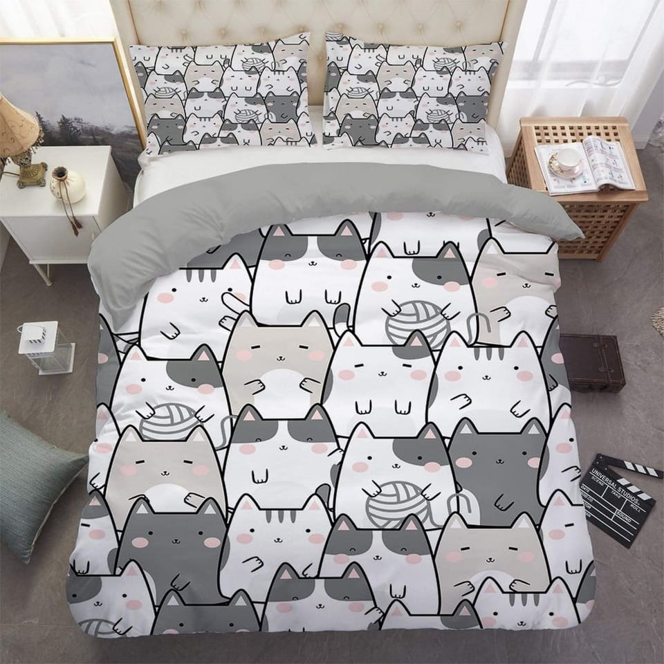 Kawaii cat bedding grey, toddler bedding, kids duvet cover set, gift for cat lovers, baby bedding, baby shower gift