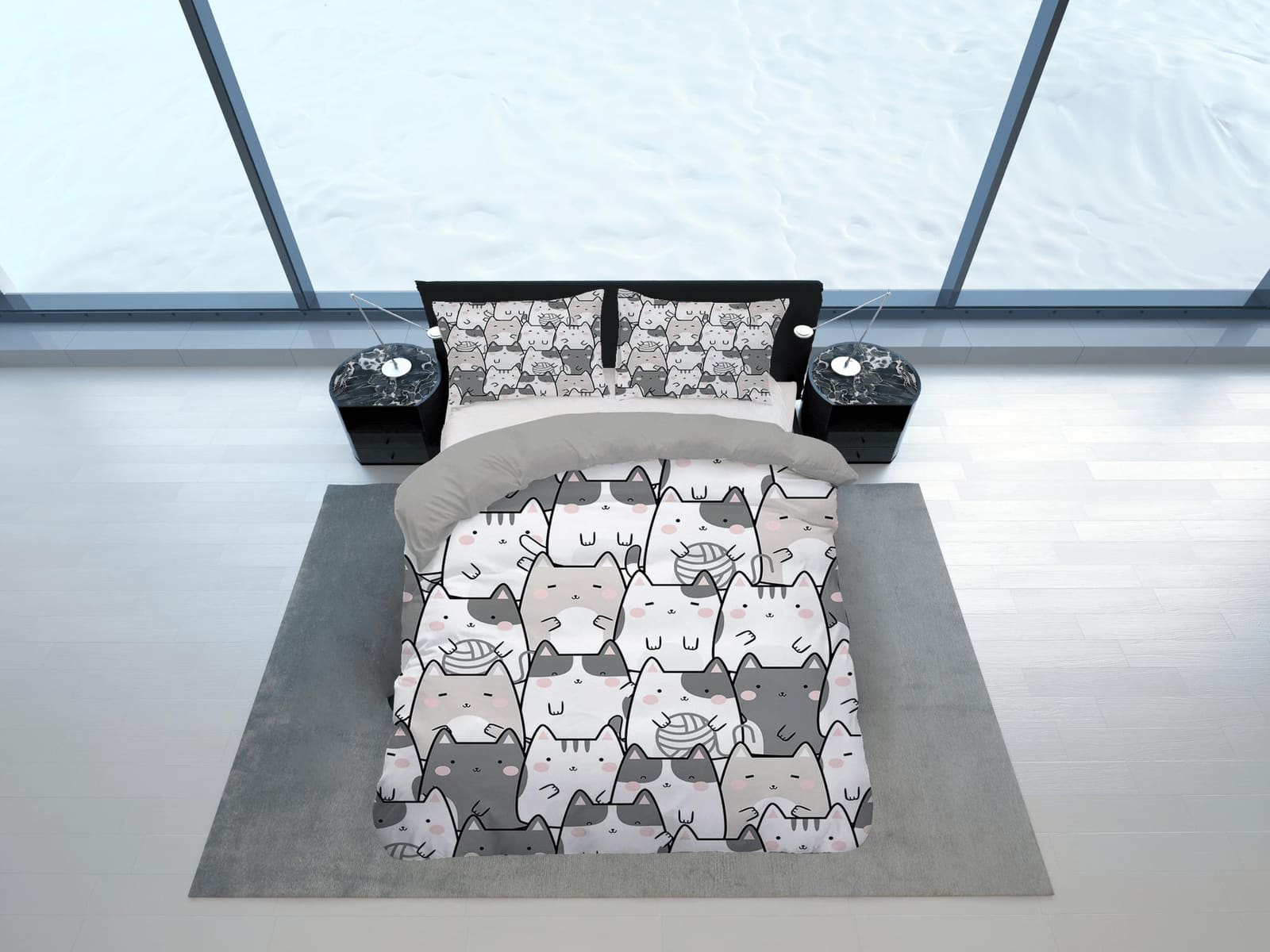 Kawaii cat bedding grey, toddler bedding, kids duvet cover set, gift for cat lovers, baby bedding, baby shower gift