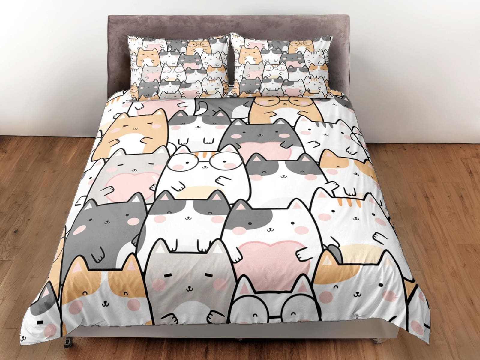 Kawaii Cats Duvet Cover Set Bedspread Cute Bedding for Teens Kids Bedroom Bed Cover Cat Lover Gift