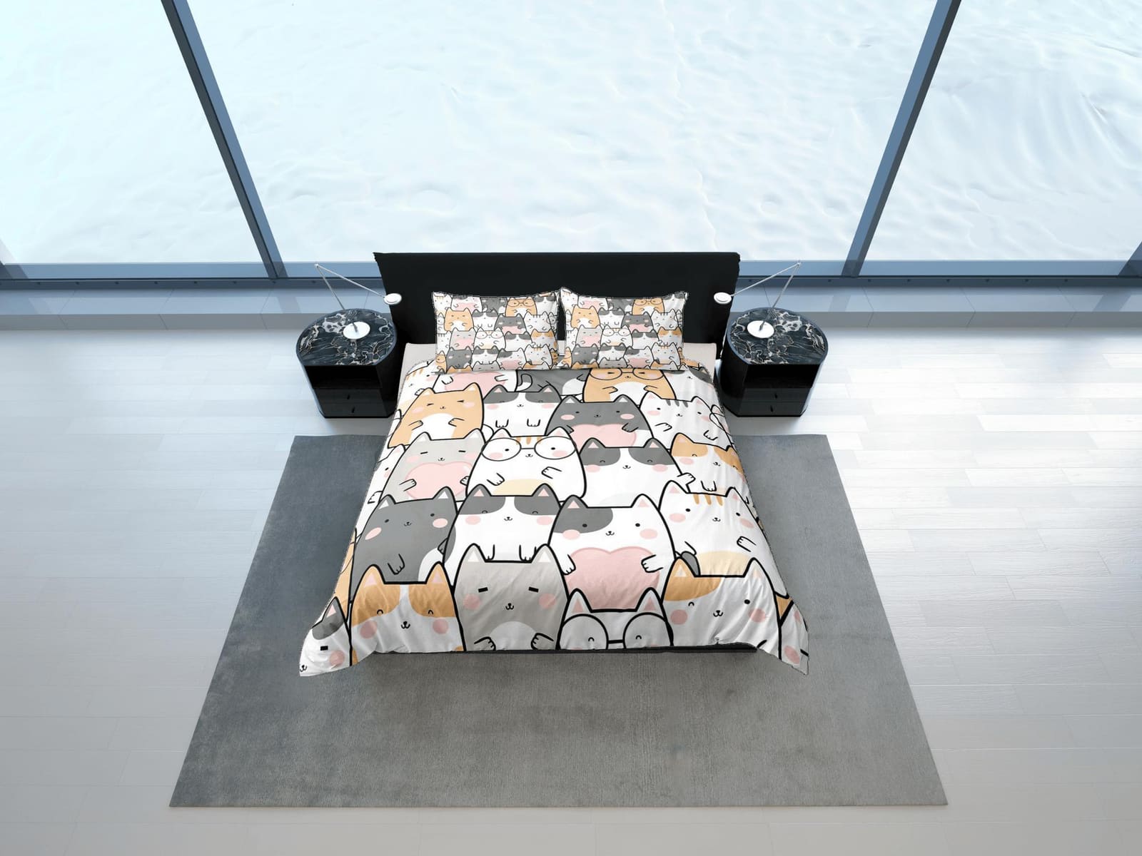 Kawaii Cats Duvet Cover Set Bedspread Cute Bedding for Teens Kids Bedroom Bed Cover Cat Lover Gift