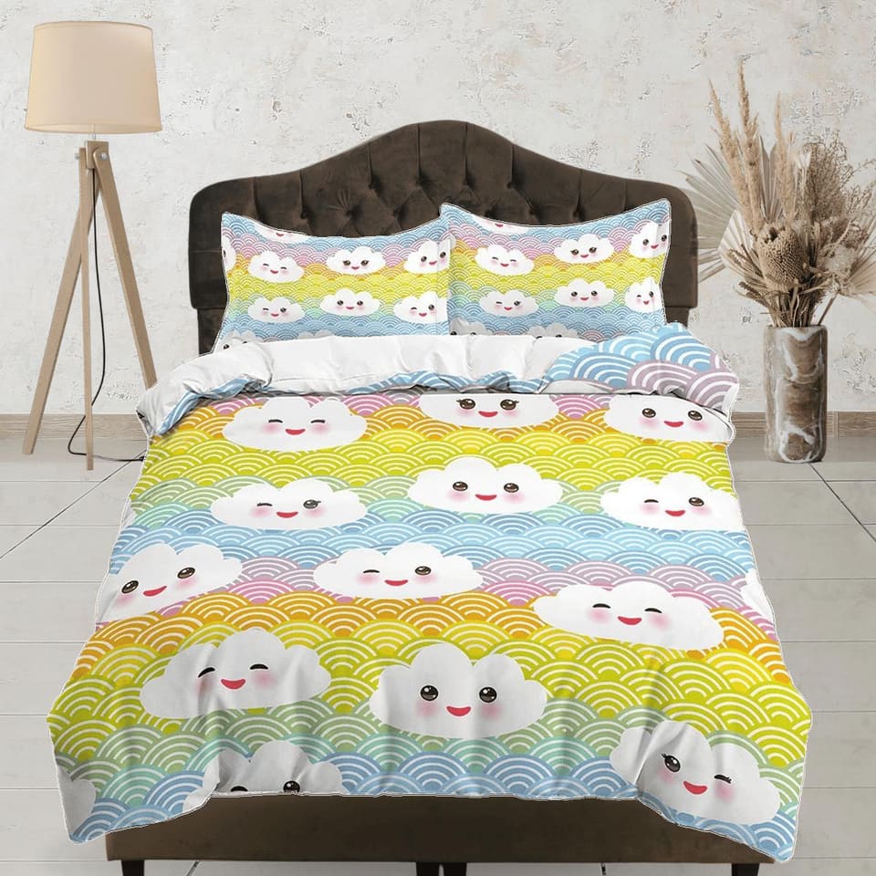 Kawaii Cute Smiling Clouds Colorful Bedding, Duvet Cover Set, Zipper Bedding, Dorm Bedding, Teens Adult Duvet King Queen F…