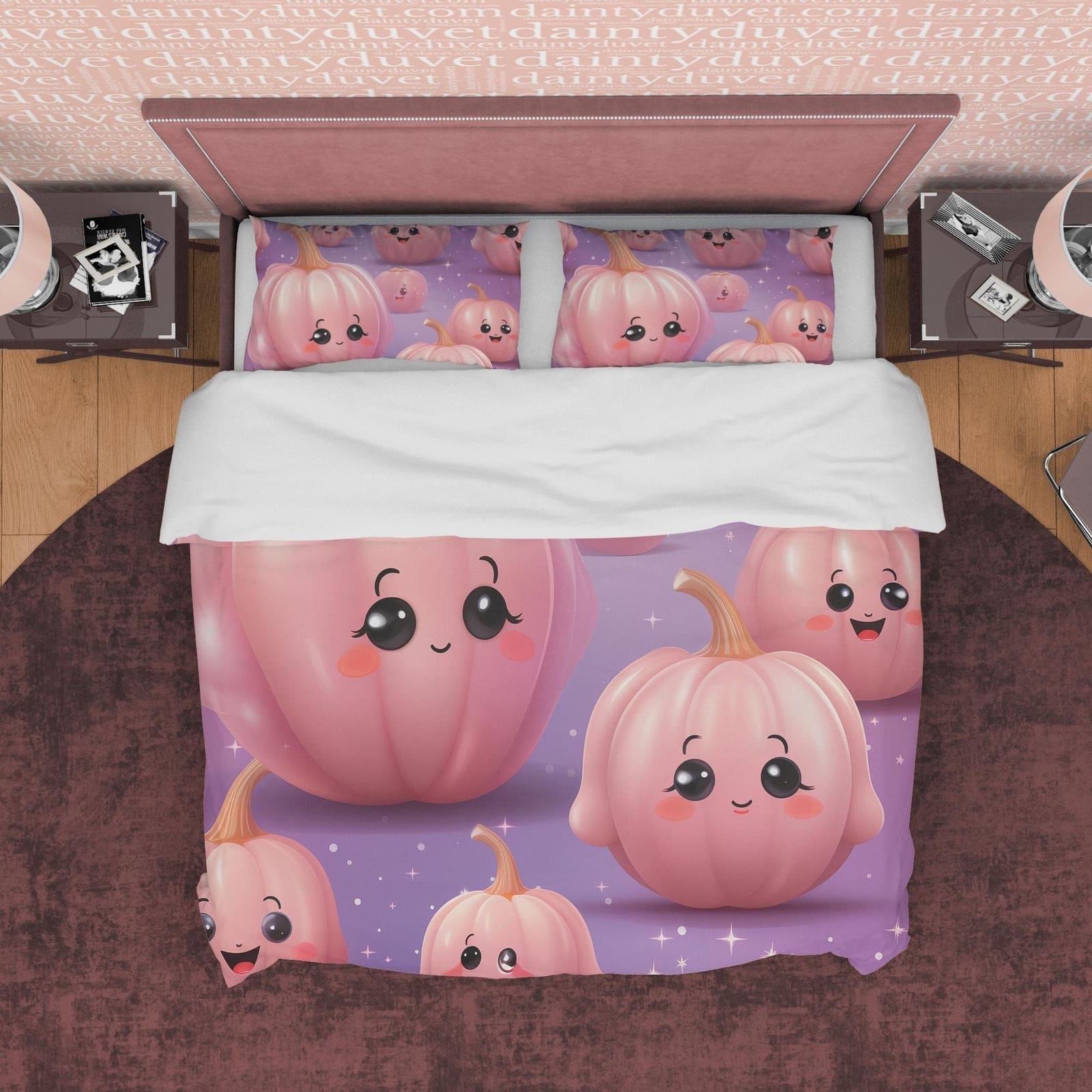 Kawaii Pink Pumpkin Purple Duvet Cover Set for Teens, Kids Bedroom, Cute Bedspread, Toddler Bedding, US, UK, European, Aus…