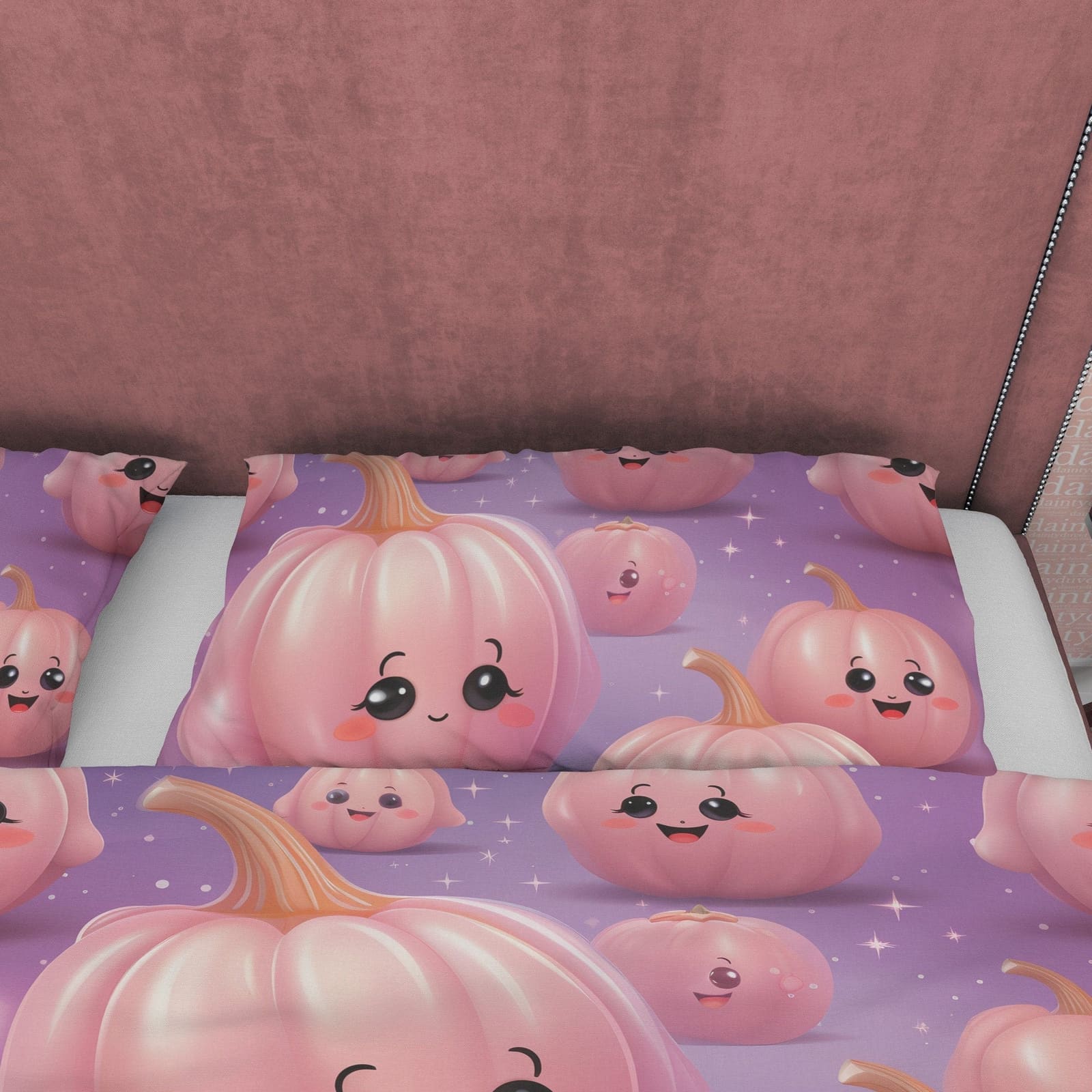 Kawaii Pink Pumpkin Purple Duvet Cover Set for Teens, Kids Bedroom, Cute Bedspread, Toddler Bedding, US, UK, European, Aus…