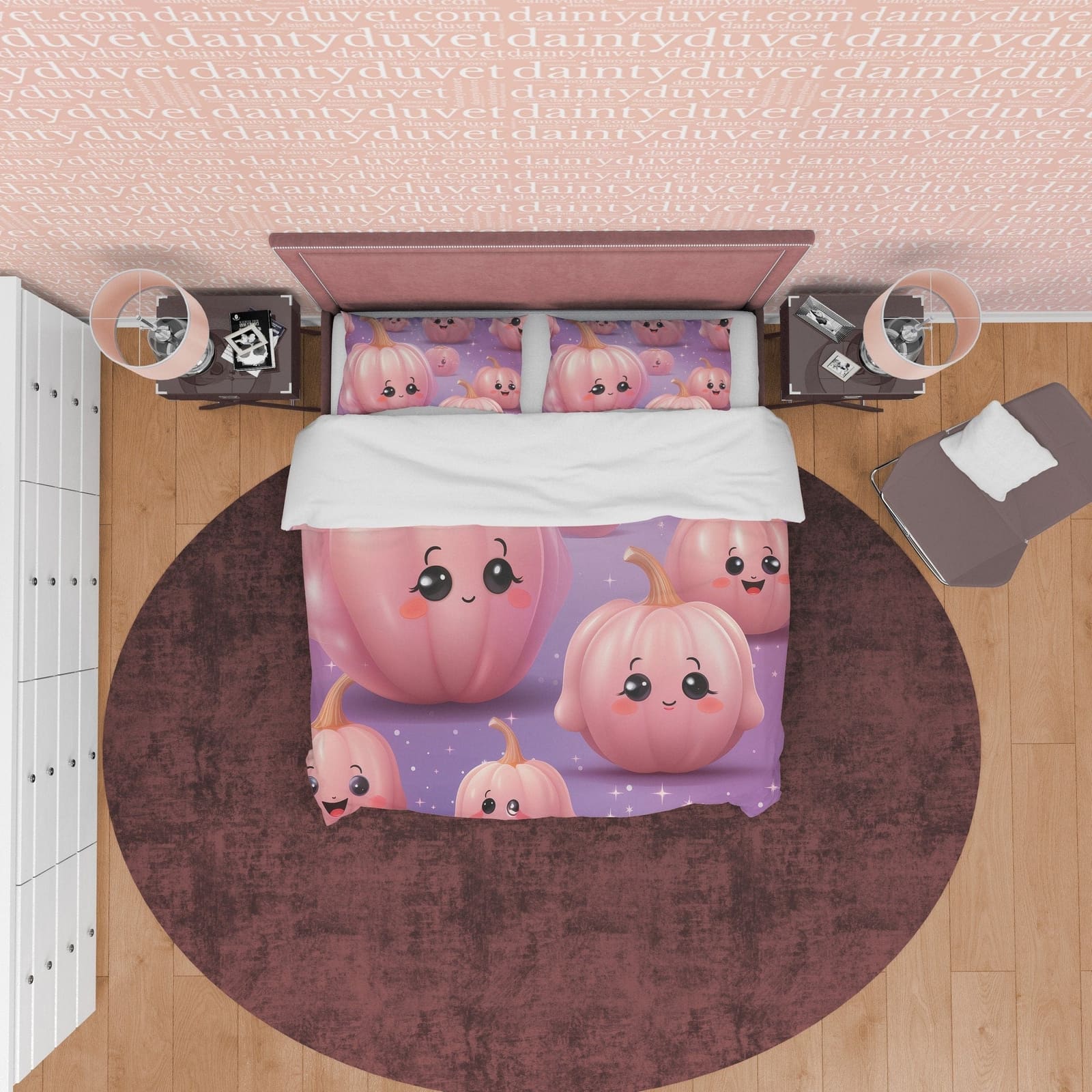 Kawaii Pink Pumpkin Purple Duvet Cover Set for Teens, Kids Bedroom, Cute Bedspread, Toddler Bedding, US, UK, European, Aus…