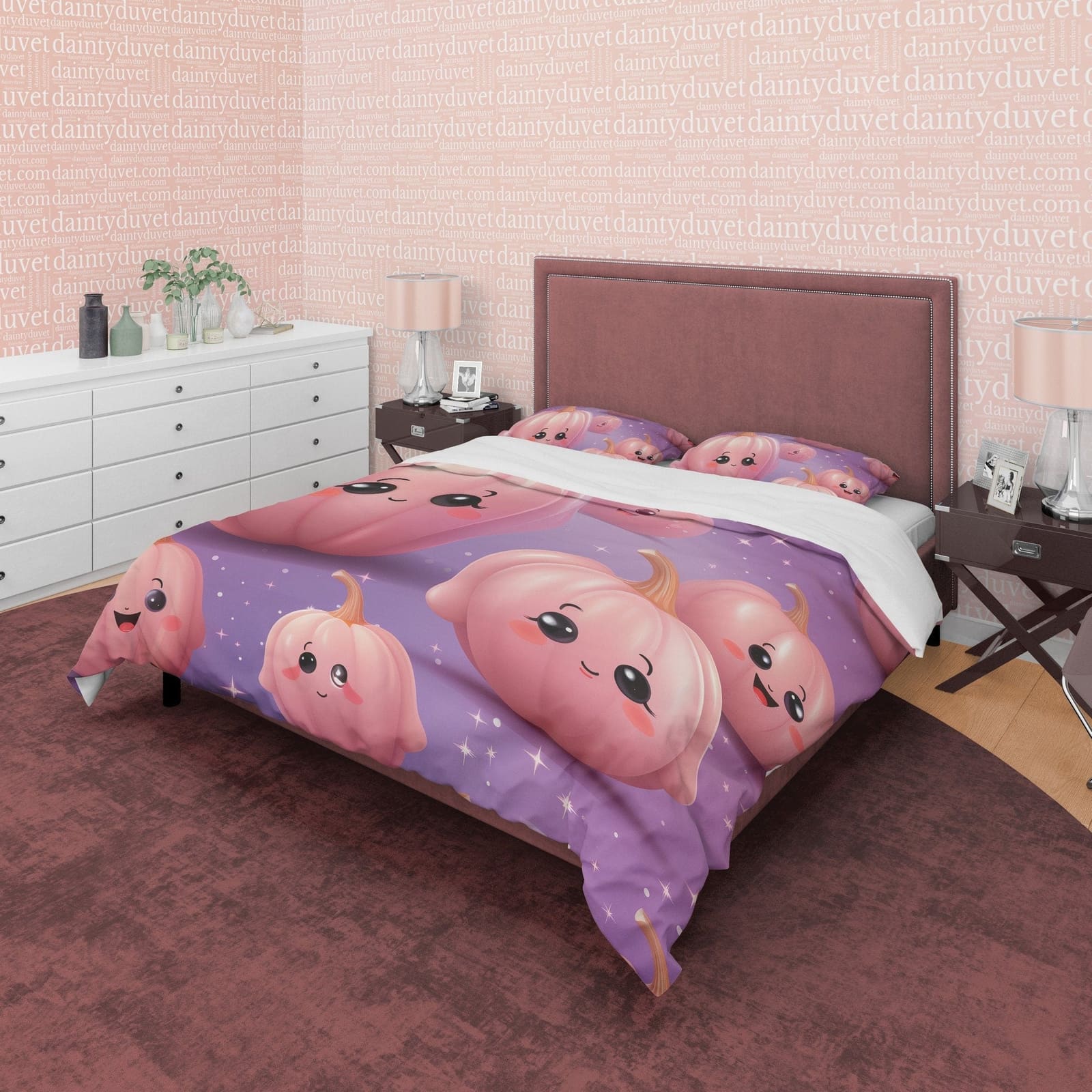 Kawaii Pink Pumpkin Purple Duvet Cover Set for Teens, Kids Bedroom, Cute Bedspread, Toddler Bedding, US, UK, European, Aus…
