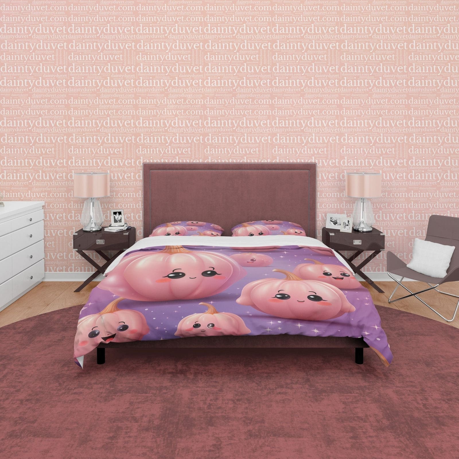 Kawaii Pink Pumpkin Purple Duvet Cover Set for Teens, Kids Bedroom, Cute Bedspread, Toddler Bedding, US, UK, European, Aus…