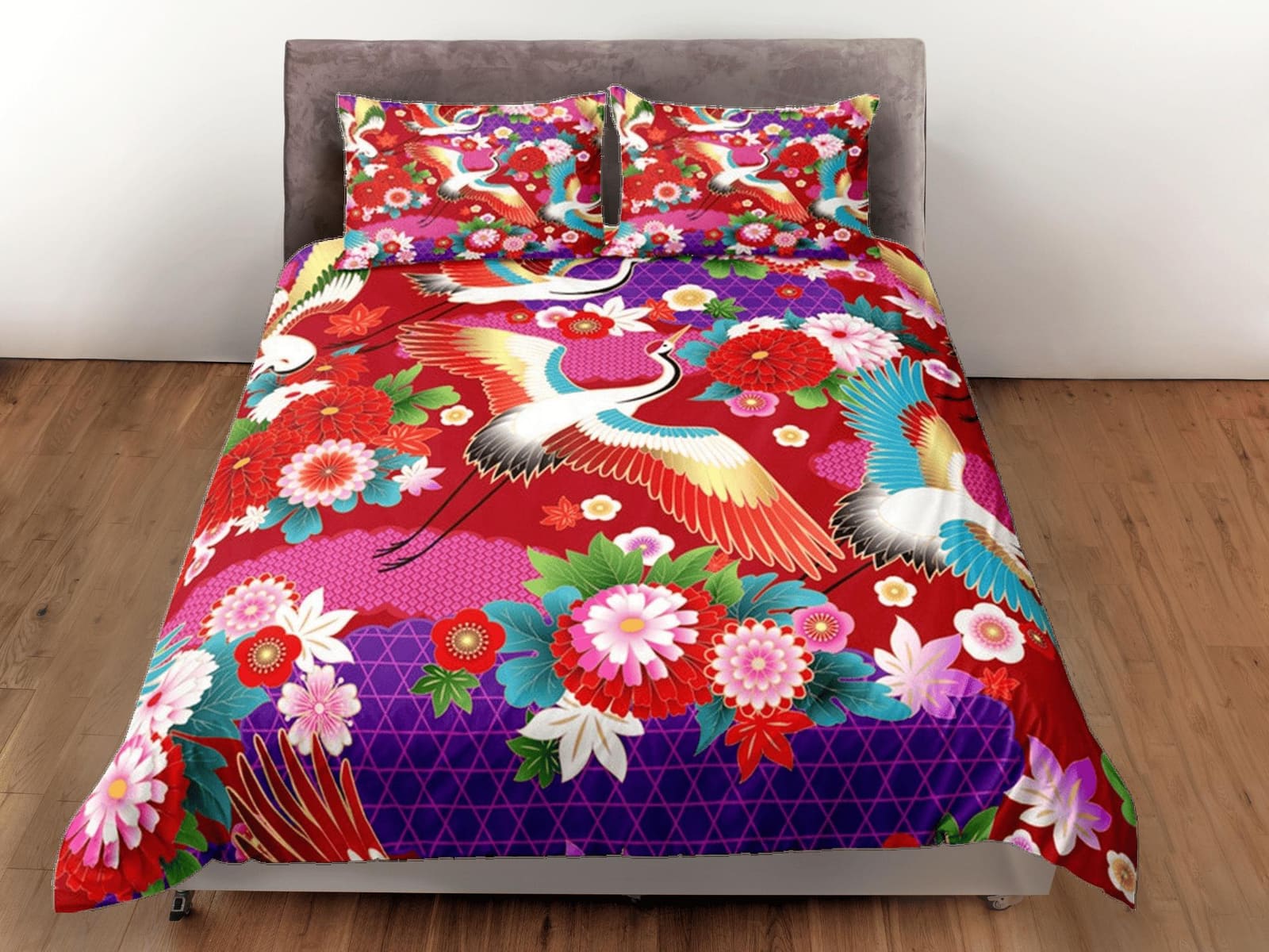 Kimono Inspired Duvet Cover Set Japanese Bedspread, Dorm Bedding with Pillowcase