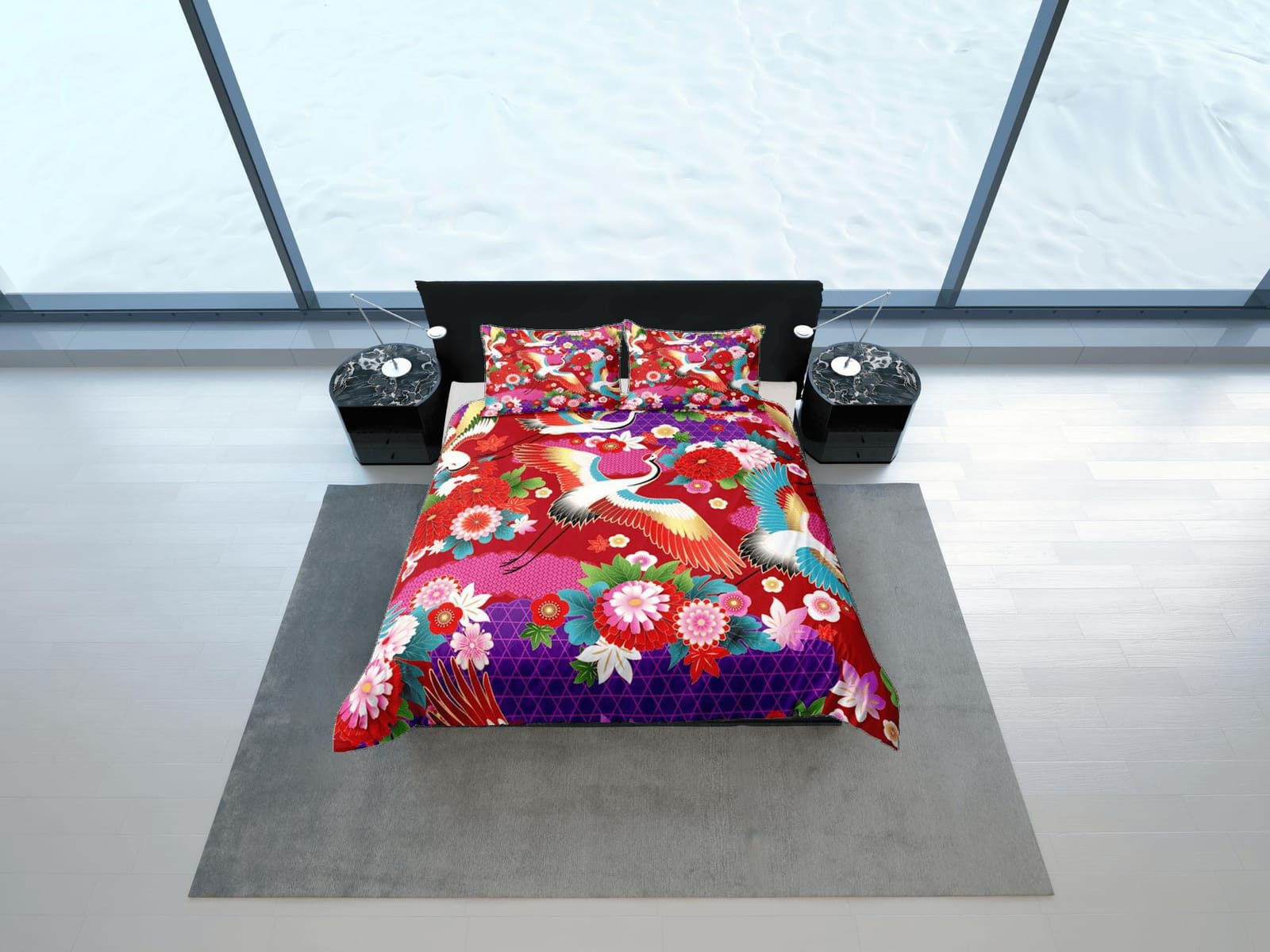 Kimono Inspired Duvet Cover Set Japanese Bedspread, Dorm Bedding with Pillowcase