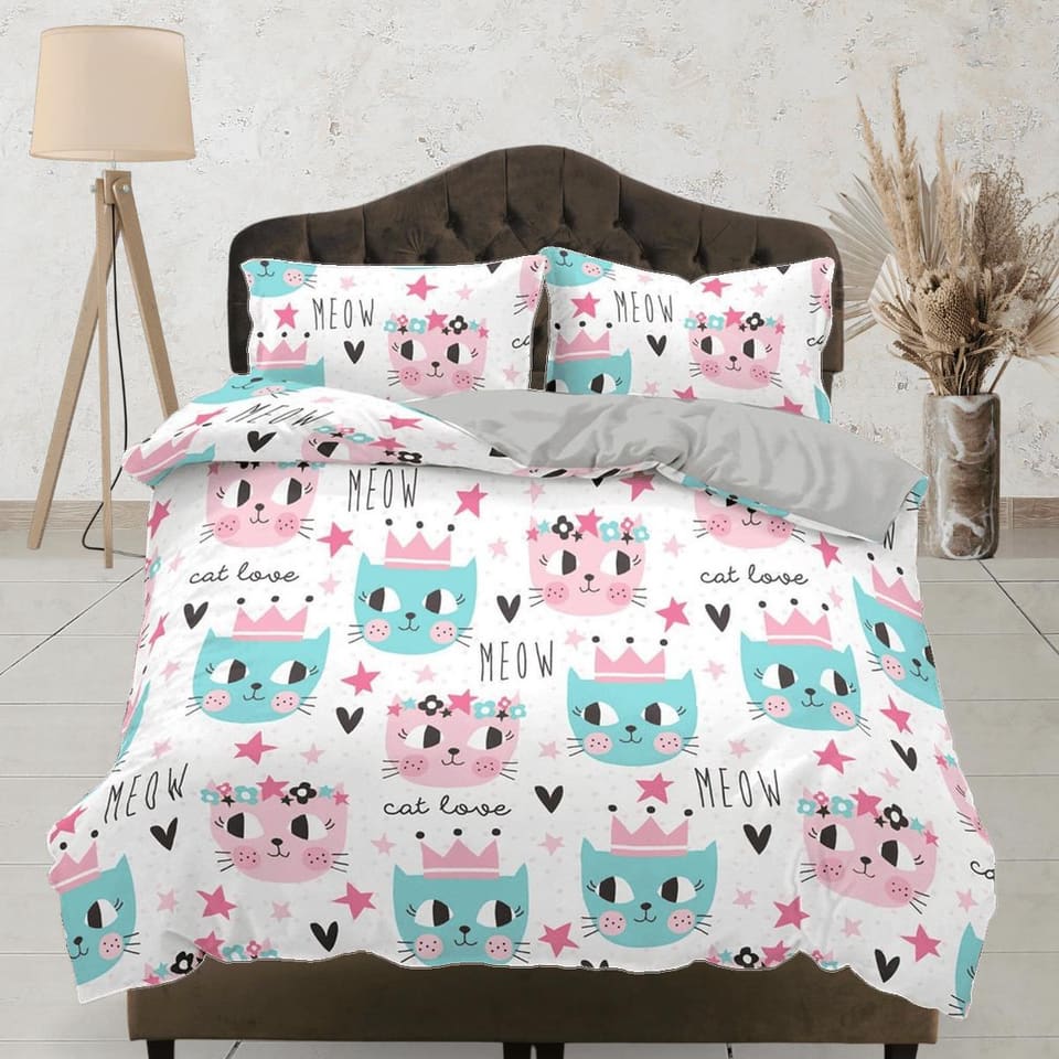 King cat and girly cat bedding, toddler bedding, kids duvet cover set, gift for cat lovers, baby bedding, baby shower gift…