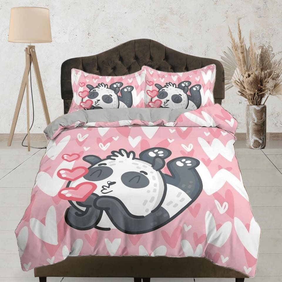 Kiss panda pink duvet cover kids, bedding set full, king, queen, dorm bedding, toddler bedding, aesthetic bedspread, panda…