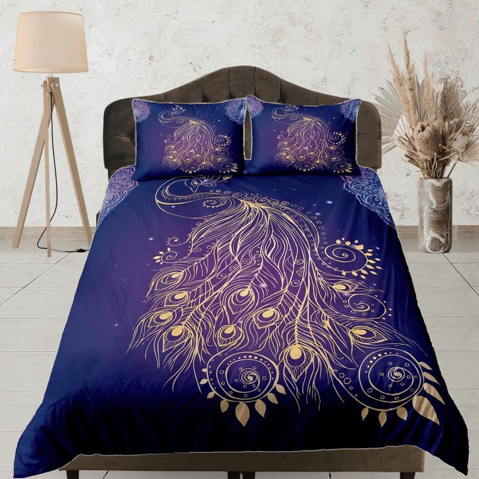 Koamaru peacock decor gold aesthetic bedding set full, luxury duvet cover queen, king, boho duvet, designer bedding, maxim…