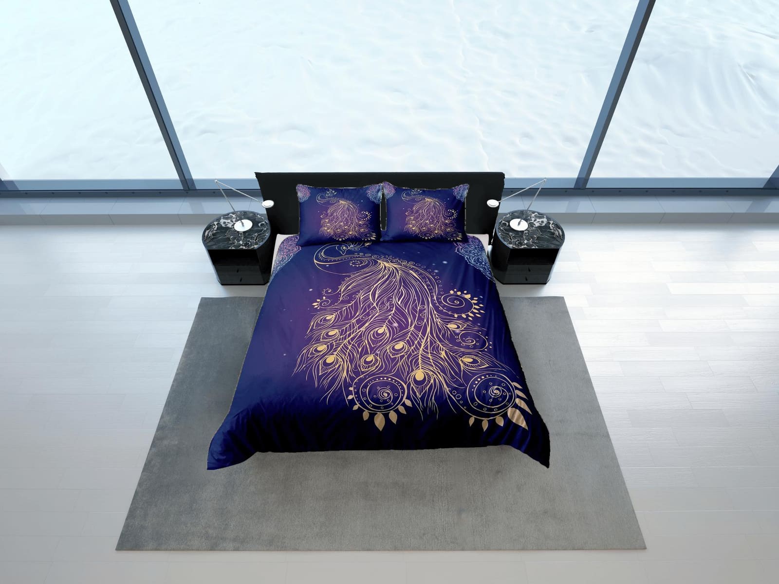 Koamaru peacock decor gold aesthetic bedding set full, luxury duvet cover queen, king, boho duvet, designer bedding, maxim…