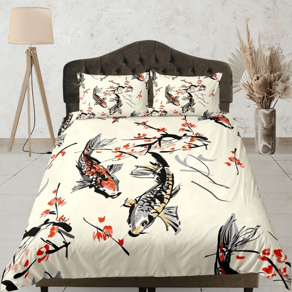 Koi fish oriental bedding, artistic painting, japanese duvet cover set for king, queen, full, twin, toddler, zipper beddin…