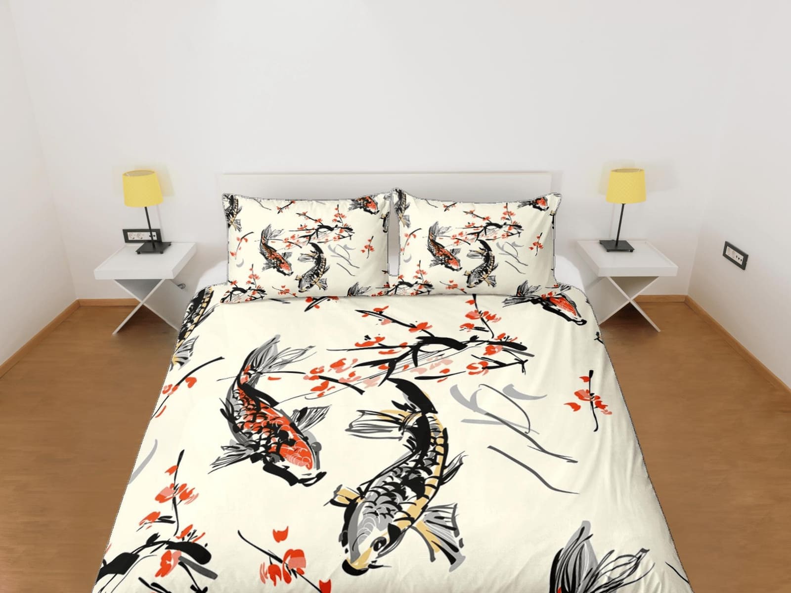 Koi fish oriental bedding, artistic painting, japanese duvet cover set for king, queen, full, twin, toddler, zipper beddin…