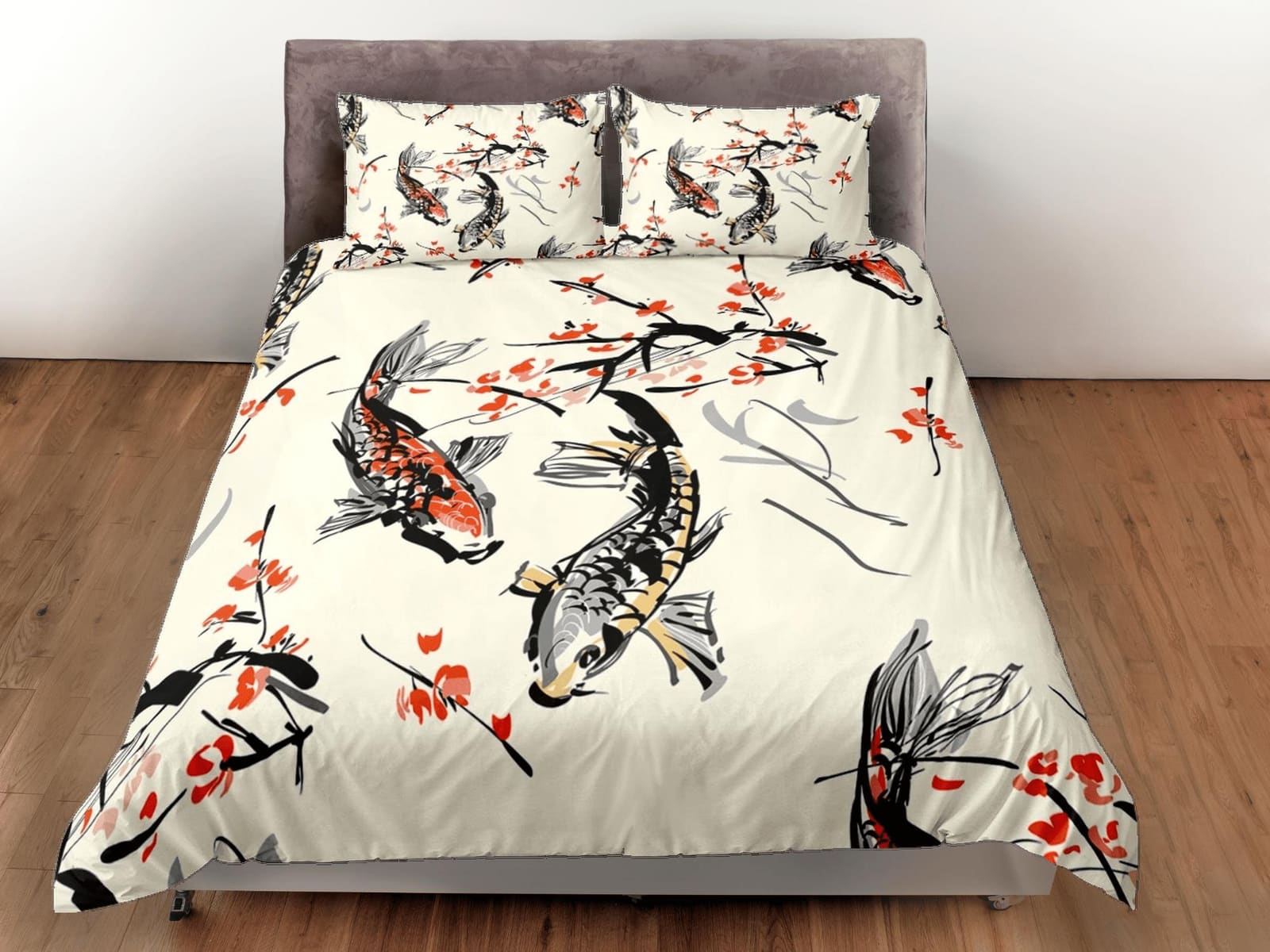 Koi fish oriental bedding, artistic painting, japanese duvet cover set for king, queen, full, twin, toddler, zipper beddin…