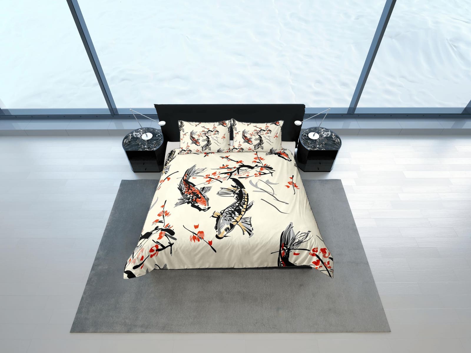 Koi fish oriental bedding, artistic painting, japanese duvet cover set for king, queen, full, twin, toddler, zipper beddin…