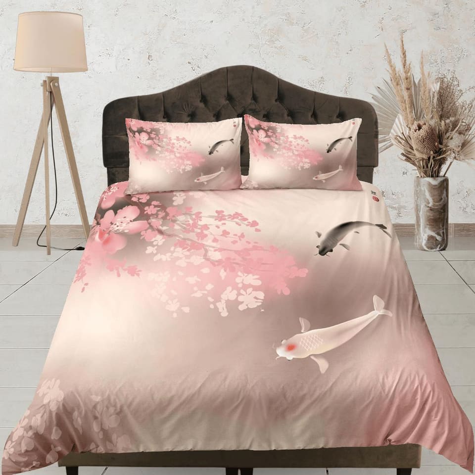 Koi fish pink oriental bedding, floral prints on japanese duvet cover set for king, queen, full, twin, single, toddler, mi…