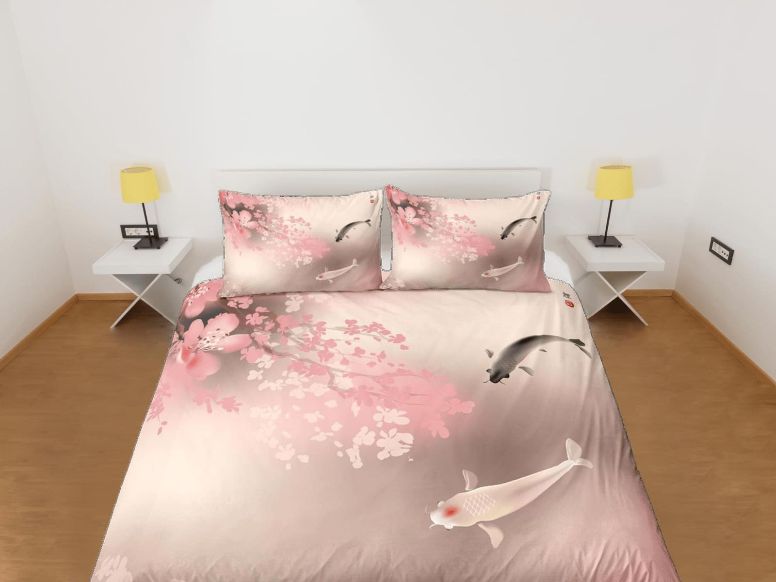 Koi fish pink oriental bedding, floral prints on japanese duvet cover set for king, queen, full, twin, single, toddler, mi…