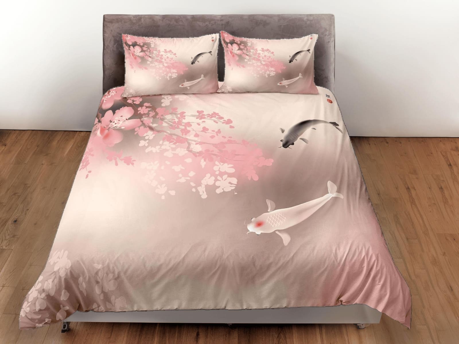 Koi fish pink oriental bedding, floral prints on japanese duvet cover set for king, queen, full, twin, single, toddler, mi…