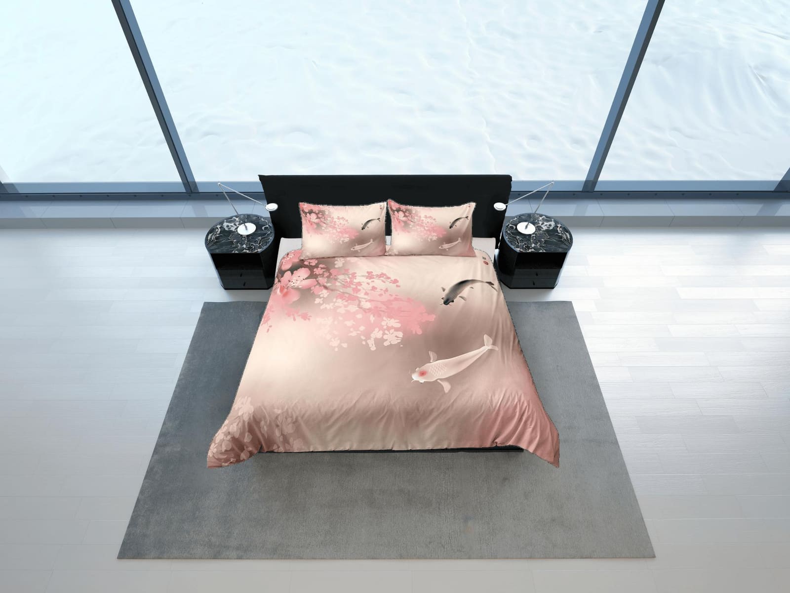 Koi fish pink oriental bedding, floral prints on japanese duvet cover set for king, queen, full, twin, single, toddler, mi…