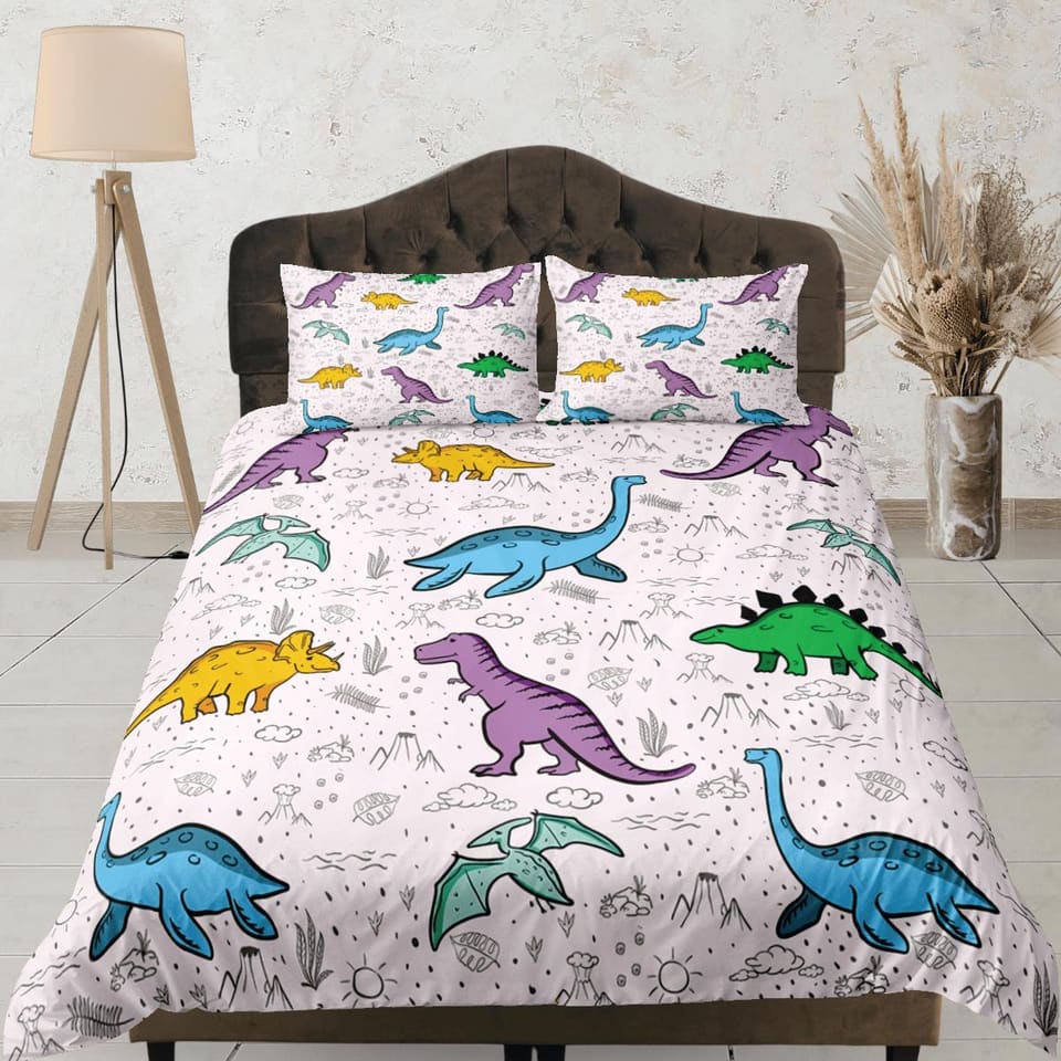 Lavender purple dinosaur bedding, kids bedding full, cute duvet cover set, nursery bed decor, colorful bedding, baby dinos…