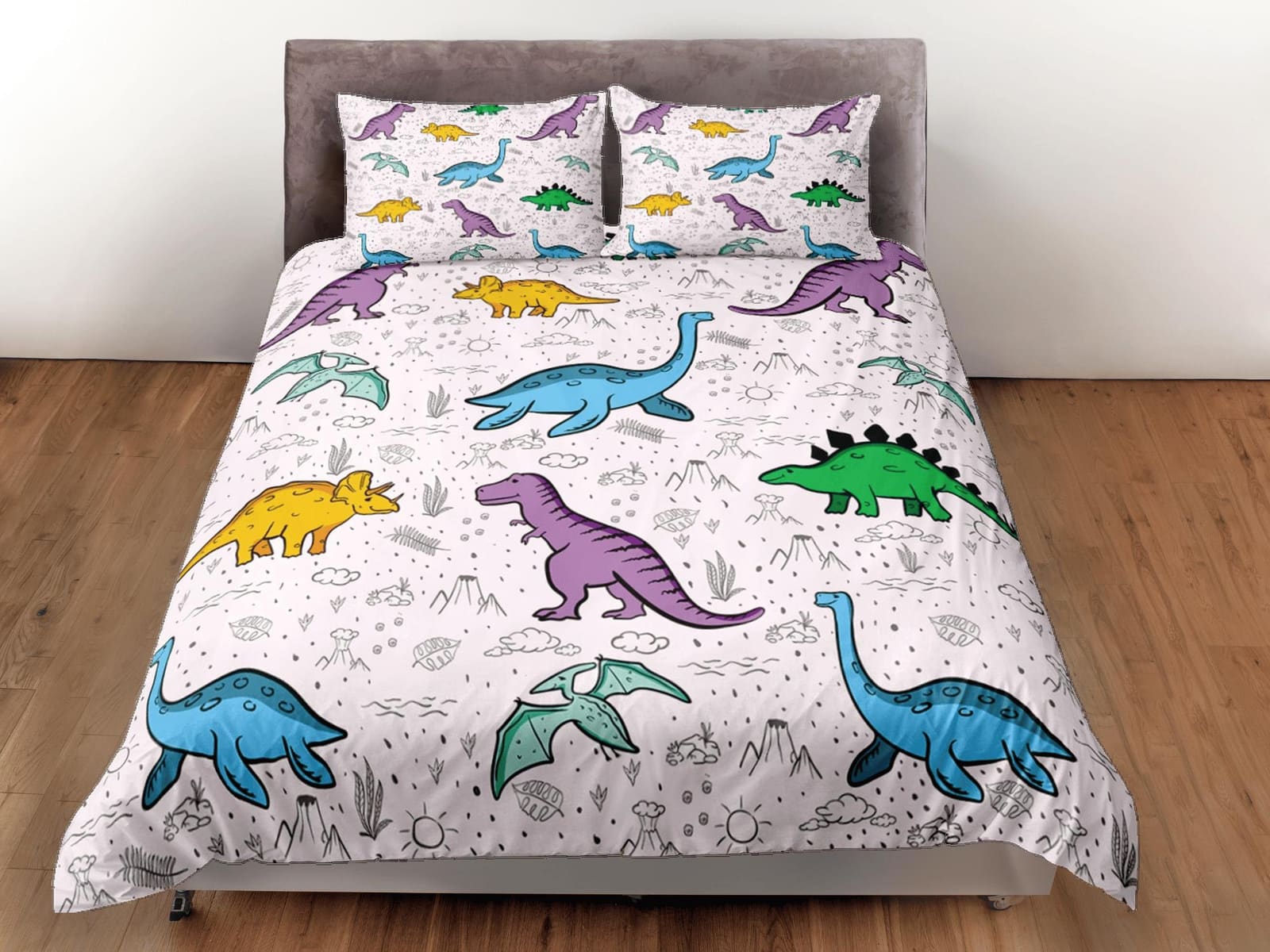 Lavender purple dinosaur bedding, kids bedding full, cute duvet cover set, nursery bed decor, colorful bedding, baby dinos…
