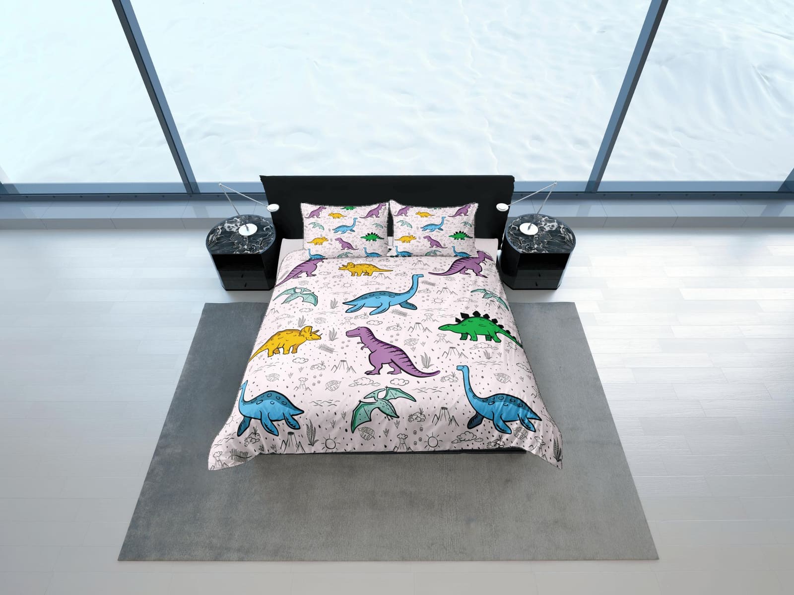 Lavender purple dinosaur bedding, kids bedding full, cute duvet cover set, nursery bed decor, colorful bedding, baby dinos…
