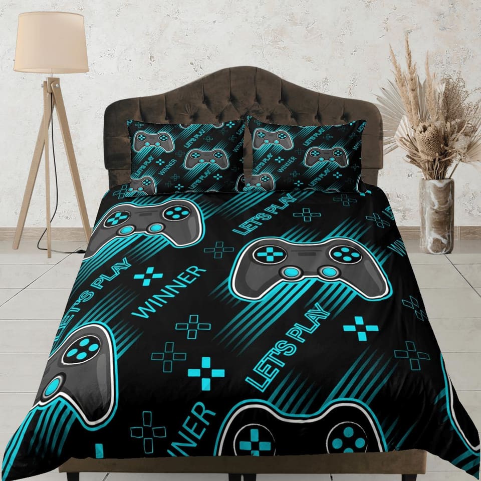 Lets play cool gamer bedding cyan black duvet cover, video gamer boyfriend gift bedding set full king queen twin, boys bed…