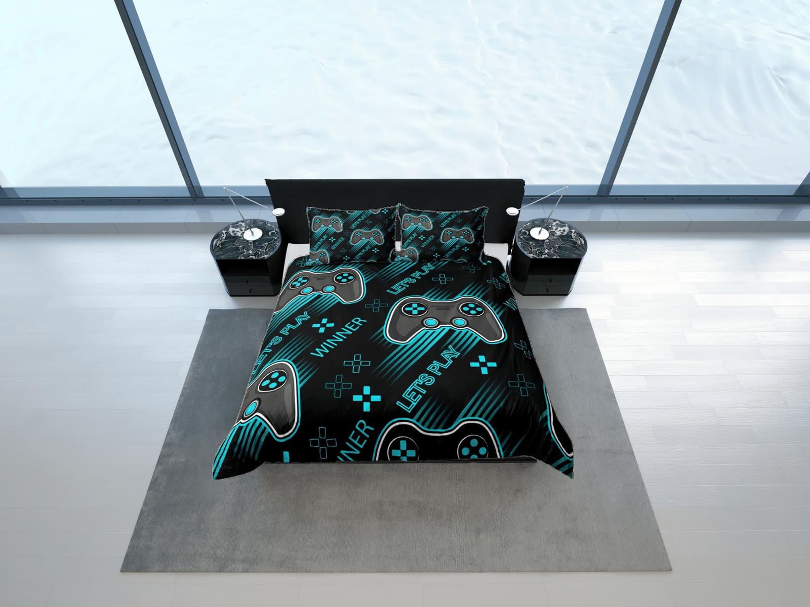 Lets play cool gamer bedding cyan black duvet cover, video gamer boyfriend gift bedding set full king queen twin, boys bed…
