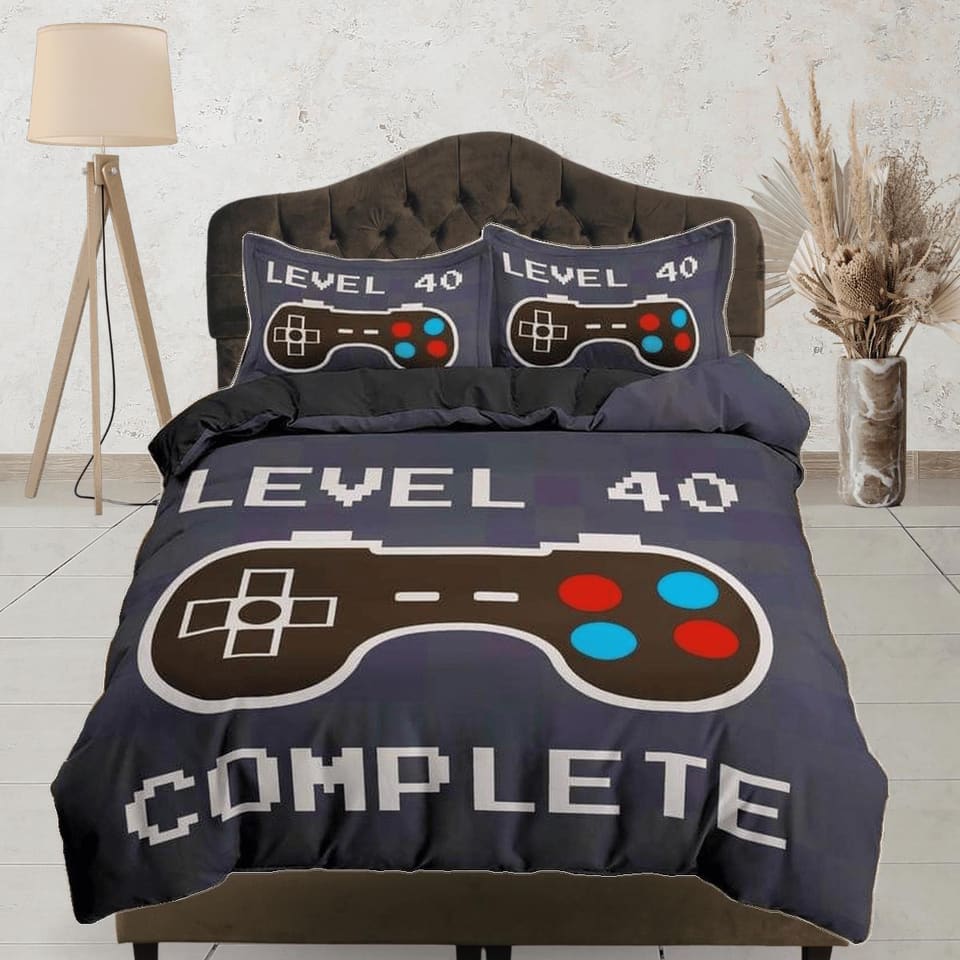 Level 40 gamer bedding ash blue duvet cover, video gamer boyfriend gift bedding set full king queen twin, boys bedroom, co…