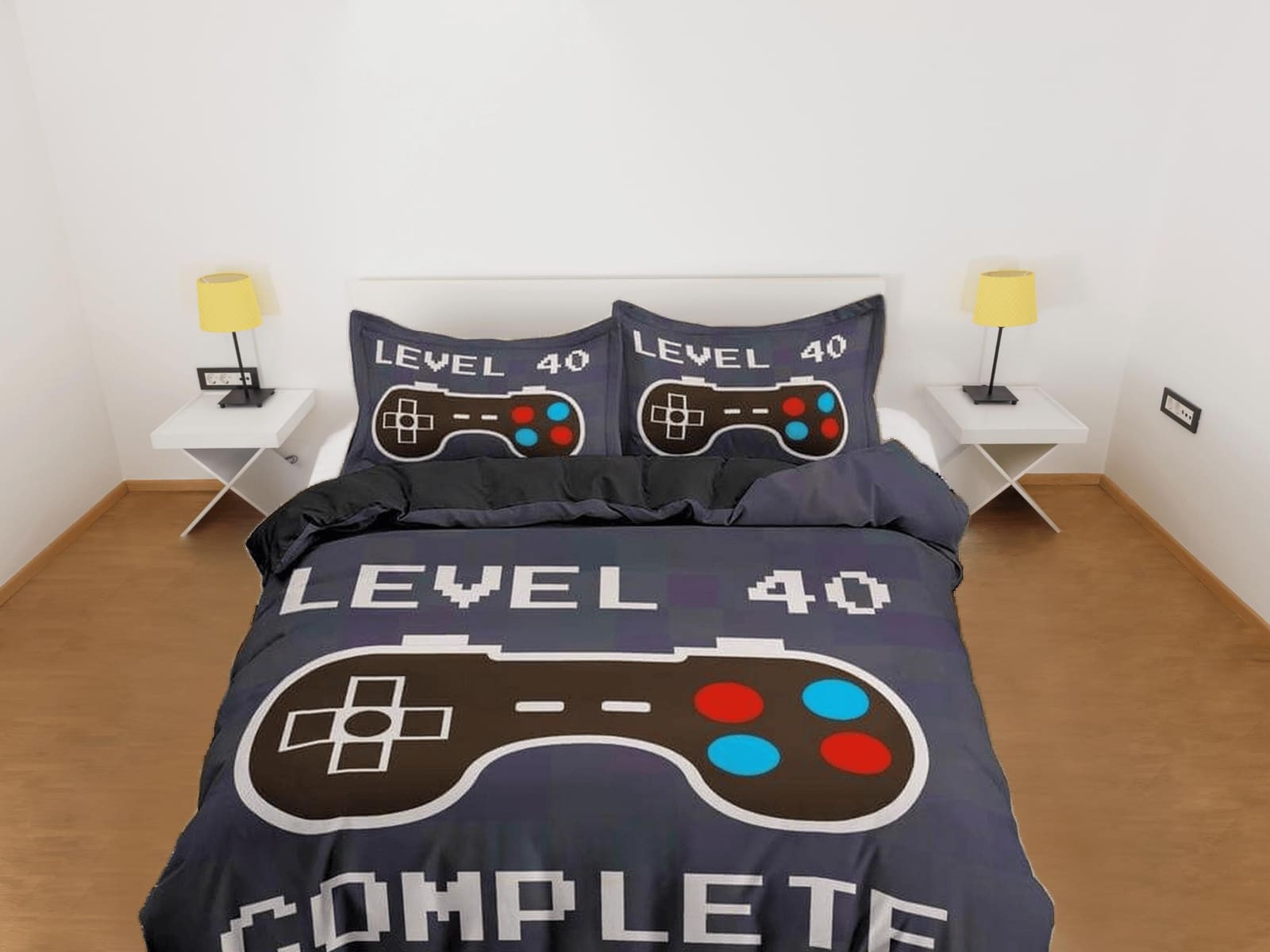 Level 40 gamer bedding ash blue duvet cover, video gamer boyfriend gift bedding set full king queen twin, boys bedroom, co…