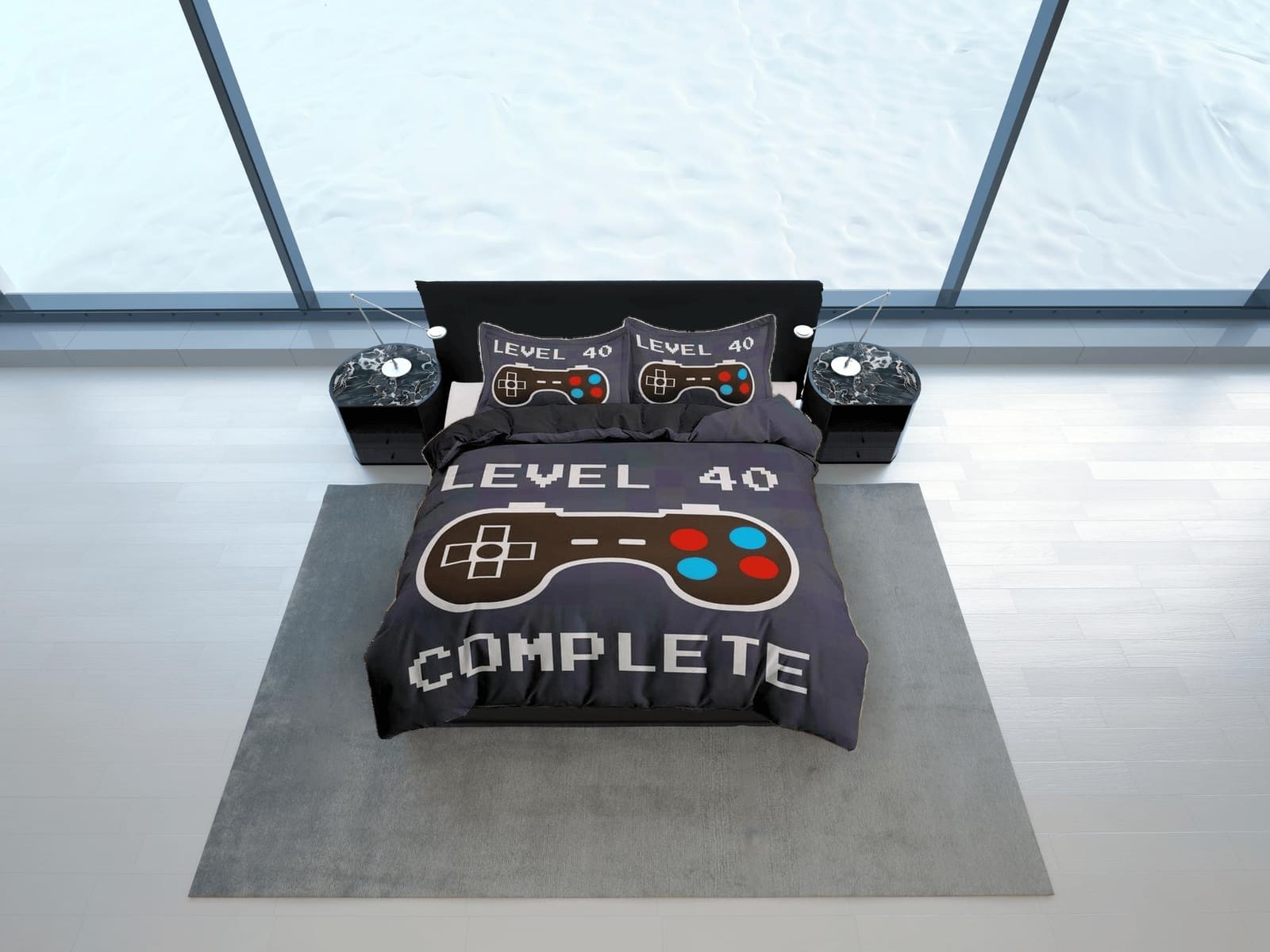 Level 40 gamer bedding ash blue duvet cover, video gamer boyfriend gift bedding set full king queen twin, boys bedroom, co…