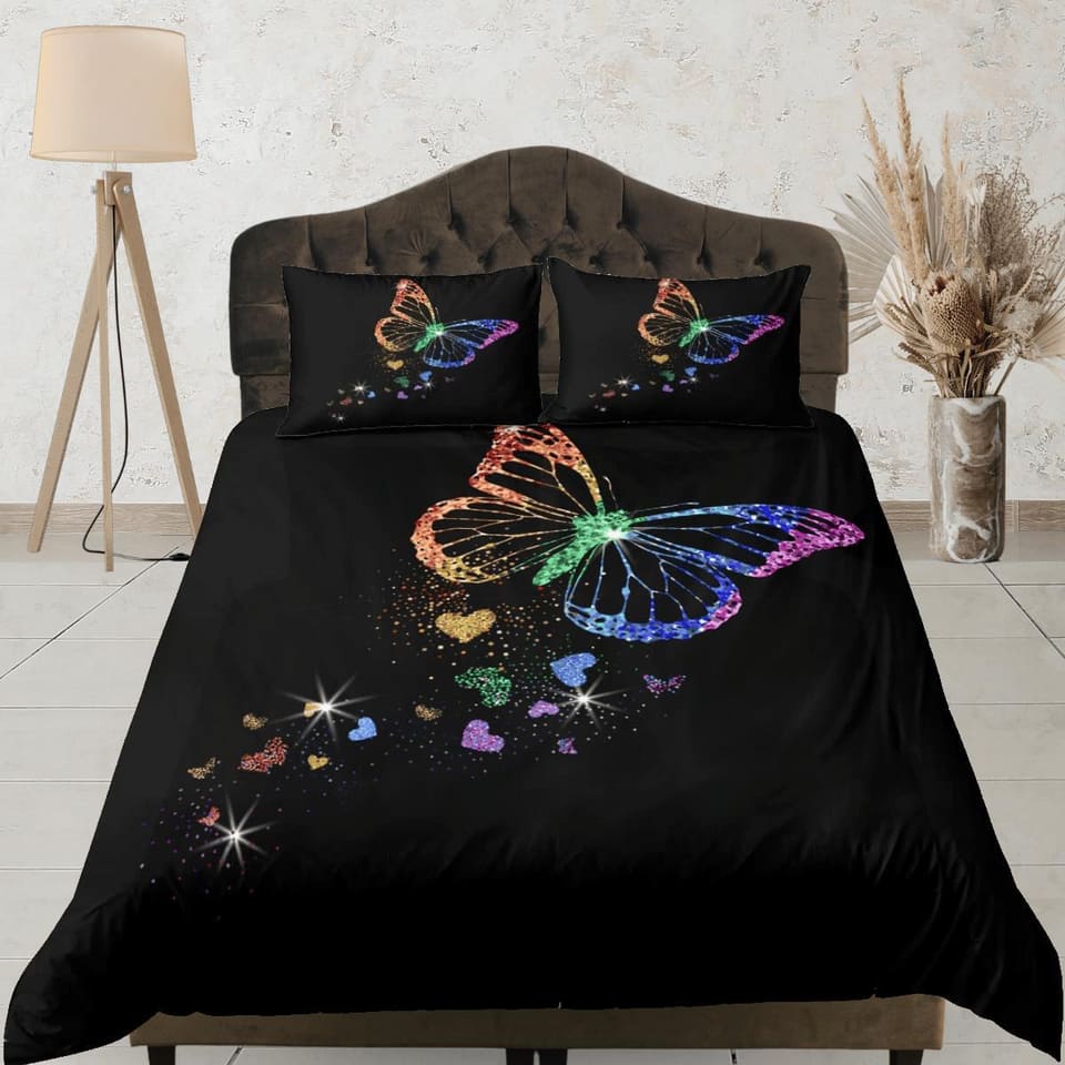 Lgbt butterfly rainbow bedding black duvet cover colorful dorm bedding, full size adult duvet king queen twin, nursery tod…