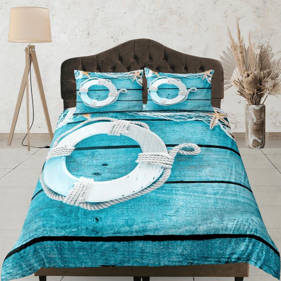 Lifebuoy coastal grandma aquamarine blue duvet cover nautical bedding set full queen king, aesthetic beach room, ocean lov…