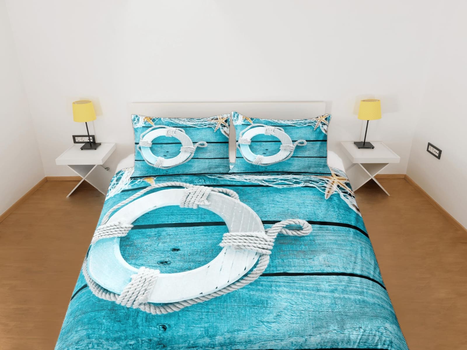 Lifebuoy coastal grandma aquamarine blue duvet cover nautical bedding set full queen king, aesthetic beach room, ocean lov…