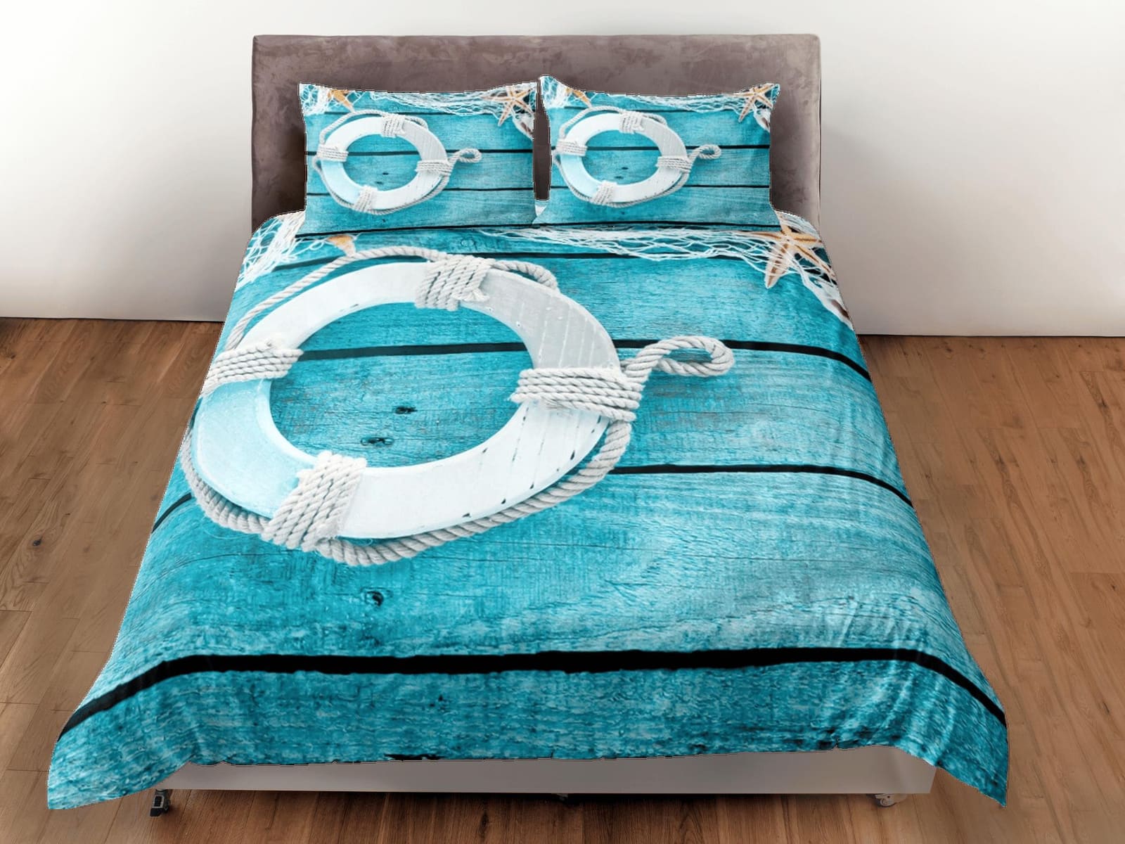 Lifebuoy coastal grandma aquamarine blue duvet cover nautical bedding set full queen king, aesthetic beach room, ocean lov…