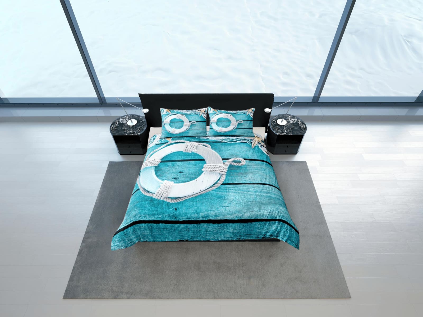 Lifebuoy coastal grandma aquamarine blue duvet cover nautical bedding set full queen king, aesthetic beach room, ocean lov…