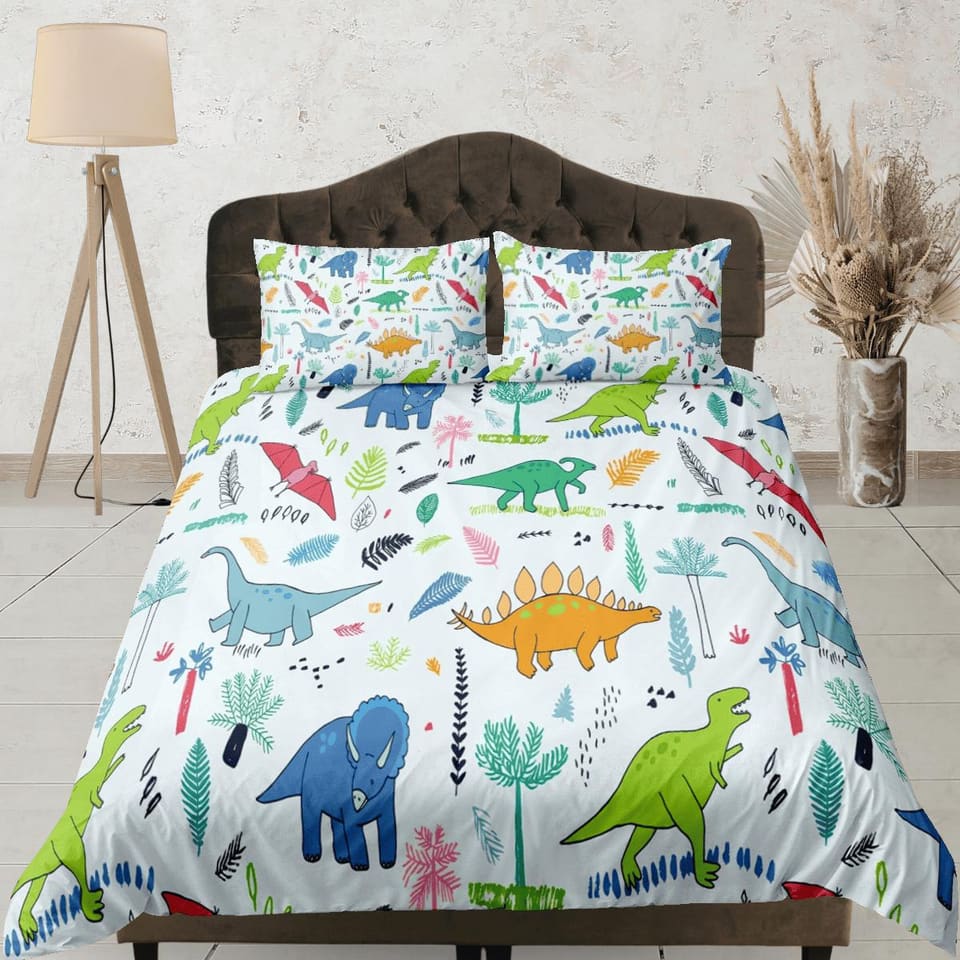 Light blue dinosaur bedding, kids bedding full, cute duvet cover set, dinosaur nursery bed decor, colorful bedding, baby d…