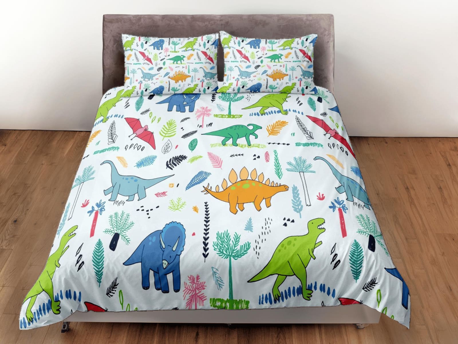 Light blue dinosaur bedding, kids bedding full, cute duvet cover set, dinosaur nursery bed decor, colorful bedding, baby d…