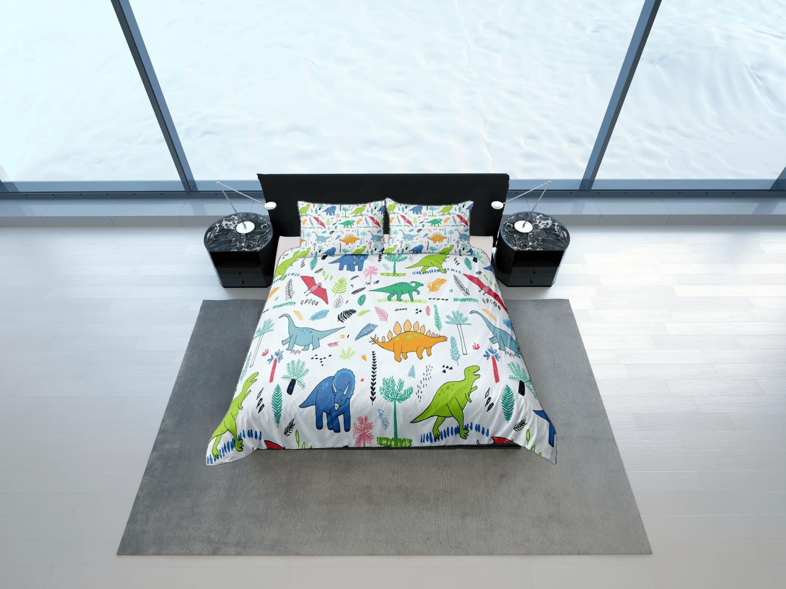 Light blue dinosaur bedding, kids bedding full, cute duvet cover set, dinosaur nursery bed decor, colorful bedding, baby d…