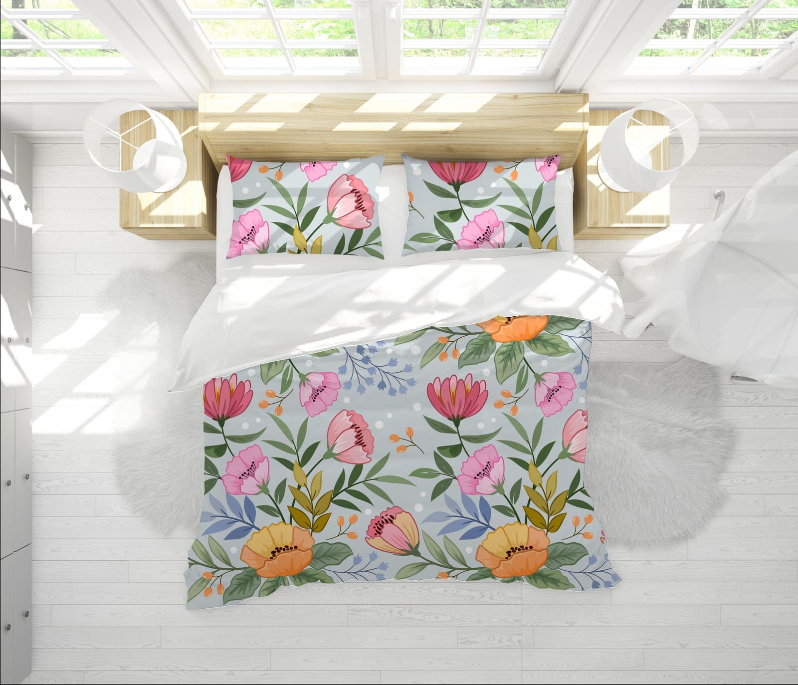 Light Blue Duvet Cover with Anemone Bulbs Garden Design | Floral Bedding Set and Pillow Case | Cover for Comforter & Weigh…